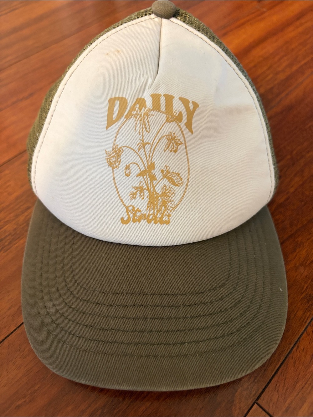 Olive Green and White “Daily Stroll” Floral Trucker Hat
